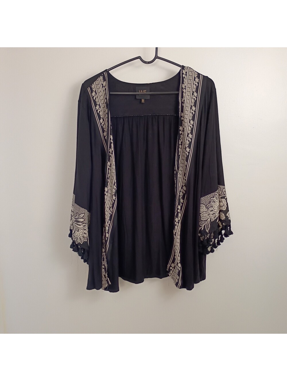 W5 Black Open Front Boho Jacket Womens 3XL Jersey Knit Tasseled 3/4 Sleeves Boho